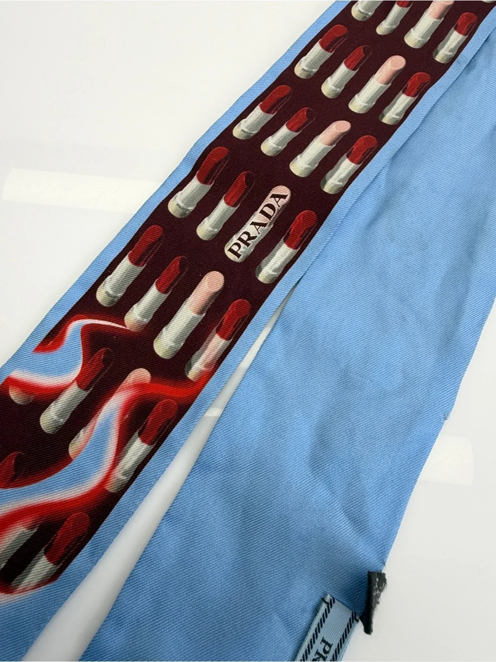 Prada Blue Lipstick Silk Scarf Tie Red Twilly